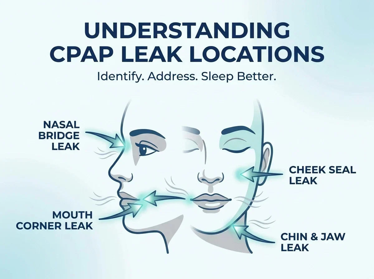 Diagram showing where a CPAP mask leaks and how to fix each spot.