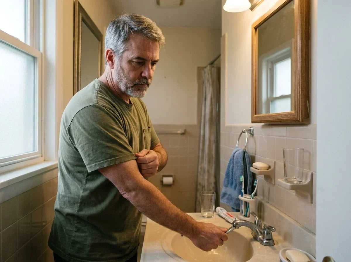 Man preparing to clean his sleep equipment as part of his morning routine