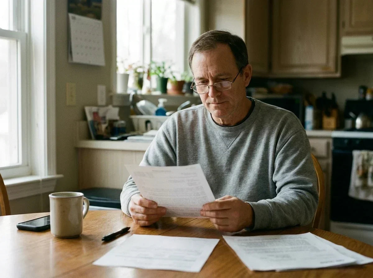 Man reviewing health insurance paperwork at home