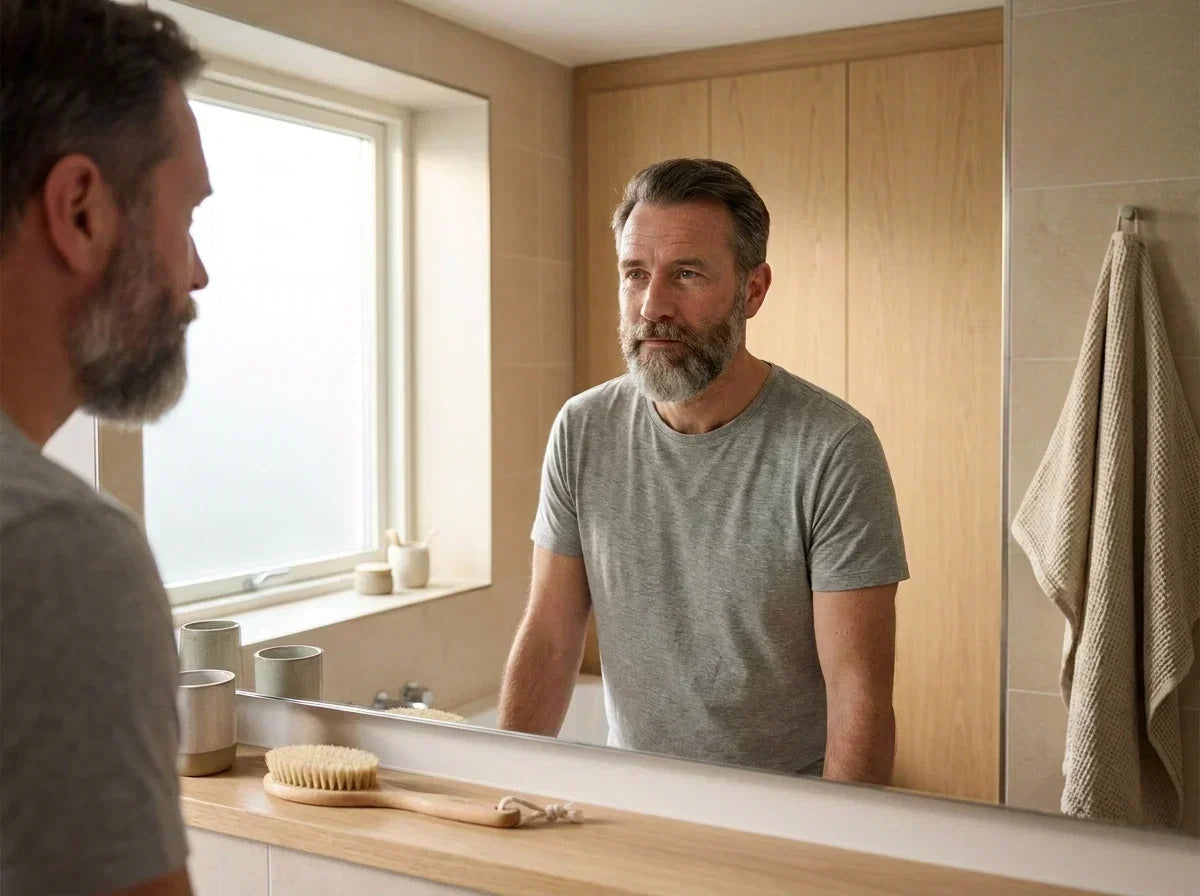 Bearded man in his late 40s looking thoughtfully at his reflection in a bathroom mirror during his morning routine.