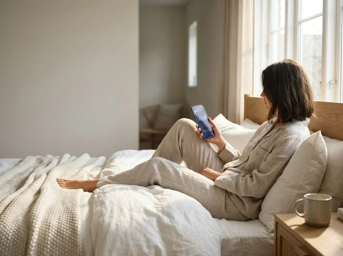 Person looking at sleep data on a smartphone after waking up