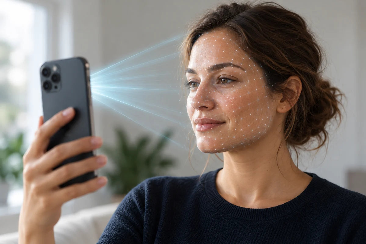 Woman scanning her face with her phone